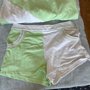 Solid and Striped Lime Green and White Shorts and Sweatshirt
